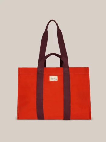 Moismont Cabas N°46 Canvas Jasper shopper in oranjerood met donker bordeauxkleurige draagriemen voorkant