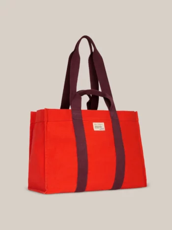 Moismont Cabas N°46 Canvas Jasper shopper in oranjerood met donker bordeauxkleurige draagriemen