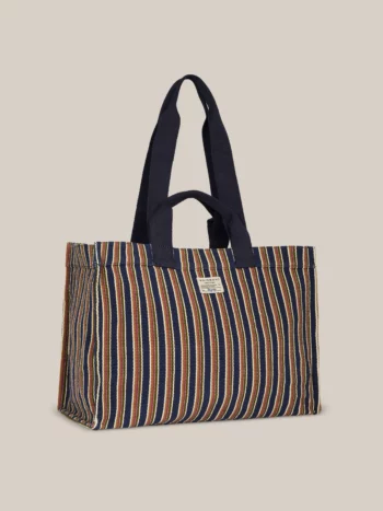 Zijaanzicht van de gestreepte Moismont Roma Midnight Blue shopper met ruim rechthoekig model