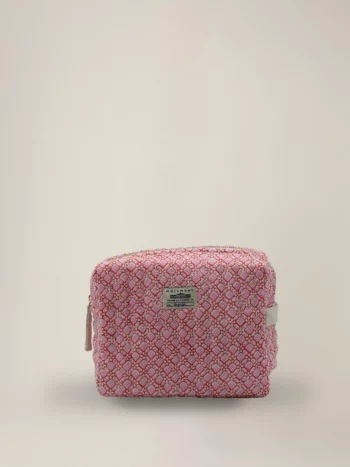 Moismont toilettas N°43 Colette Tulip met roze-rood geometrisch dessin, ritssluiting en Moismont-label