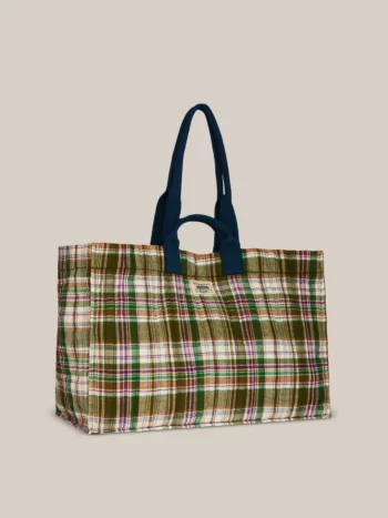 Moismont N°46 Secret Checks Amazon katoenen shopper met ruitpatroon en donkerblauwe hengsels