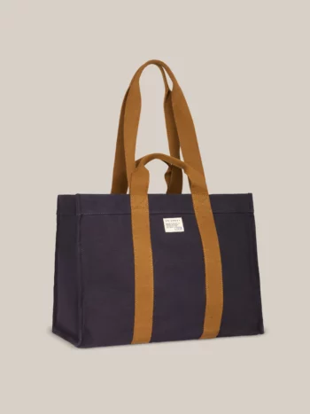 Vooraanzicht van de marineblauwe Moismont N°46 katoenen shopper met korte en lange draagriemen