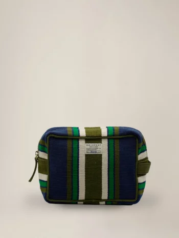 Moismont toilettas N°43 Bari Amazon met marineblauwe, groene en ecrukleurige verticale strepen en Moismont-label
