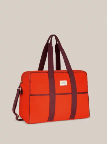 Moismont weekendtas N°48 Canvas Jasper in oranjerood katoen met bordeauxkleurige draagriemen en schouderriem
