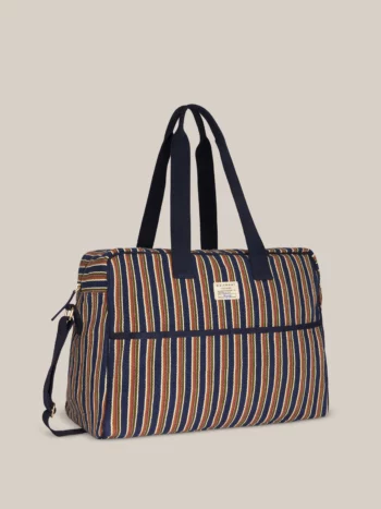 Moismont weekendtas N°48 Roma Midnight Blue met fijne meerkleurige strepen en marineblauwe draagriemen